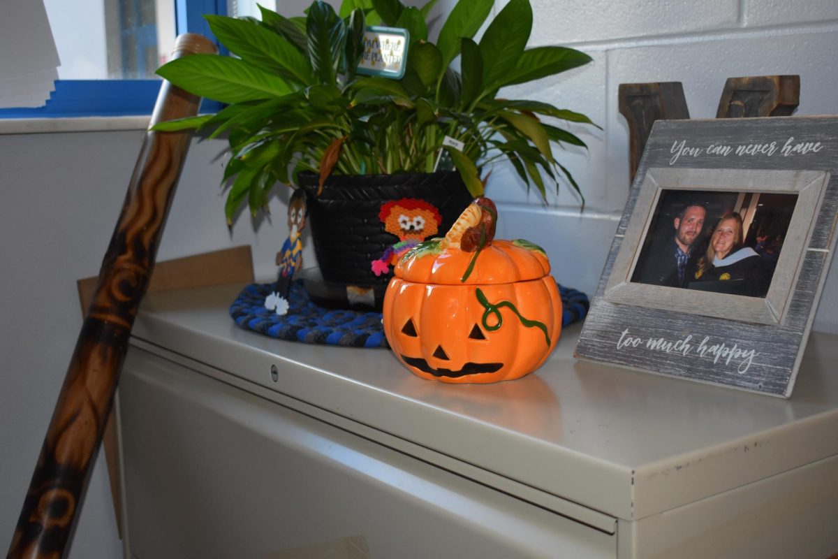 Assistant Principal Mrs. Finley's office gets spooky with this pumpkin.